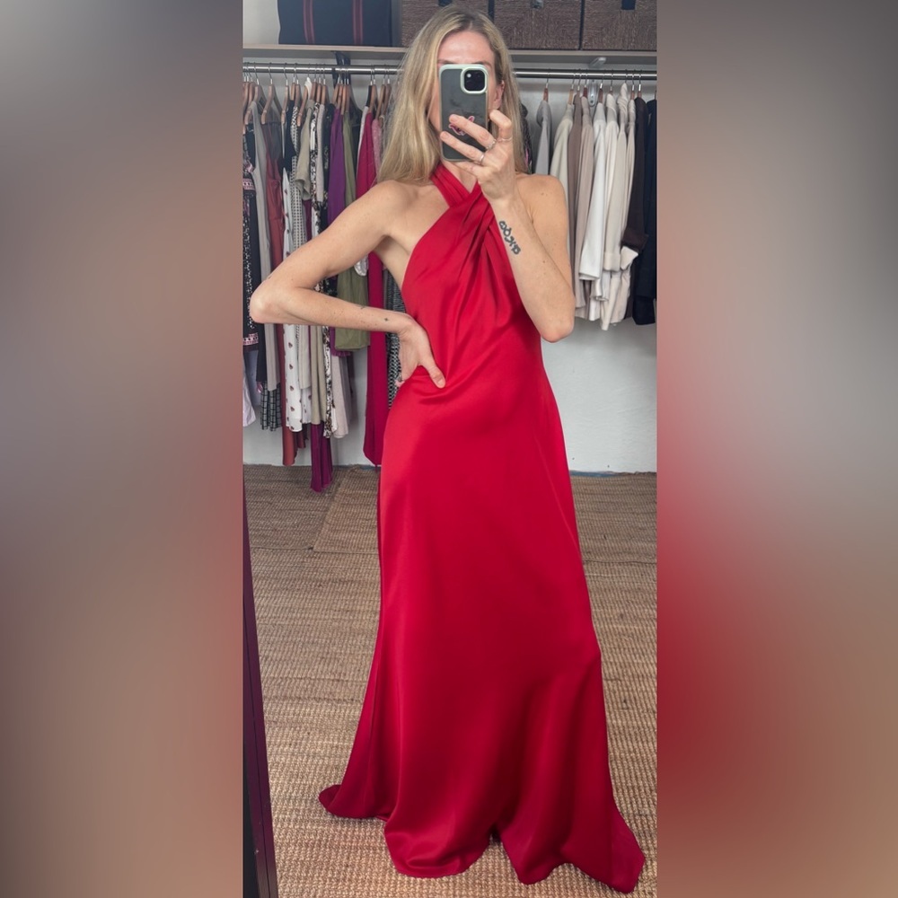 NWT BHLDN Anthropologie Red Halter Open Back Satin Effect Maxi Gown Dress - Picture 3 of 11